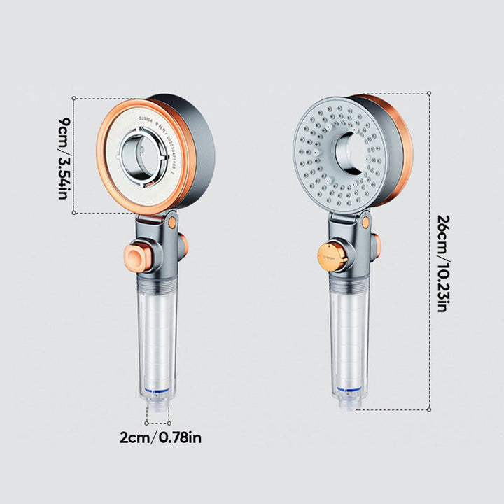 "Dubbelsidigt duschhuvud i krom med justerbart tryck, trefaldiga vattenlägen och klorreduktion, optimal för badrum."