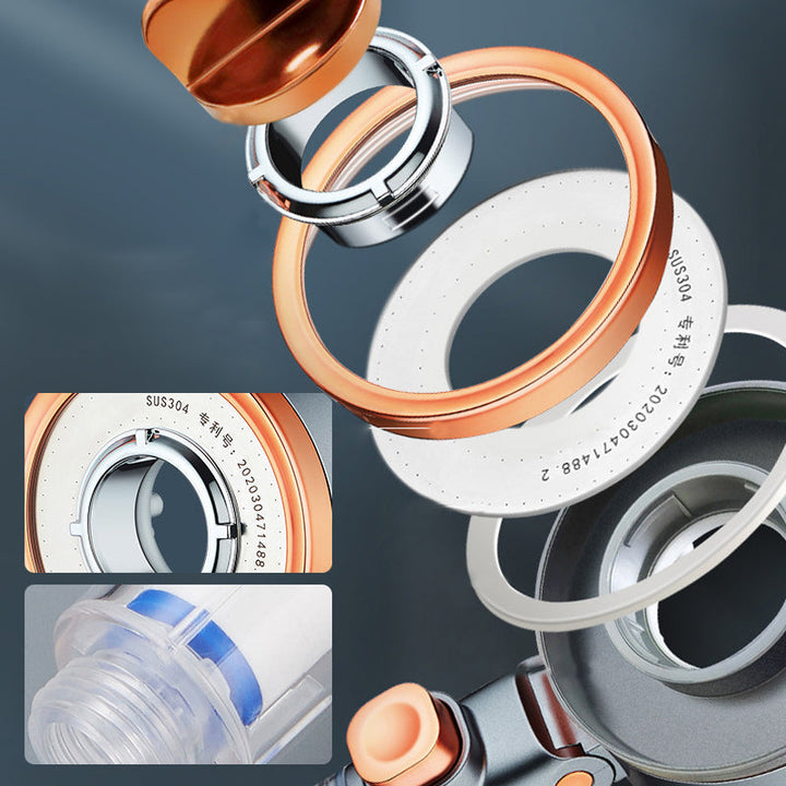 "Dubbelsidigt duschhuvud i krom med justerbart tryck, trefaldiga vattenlägen och klorreduktion, optimal för badrum."