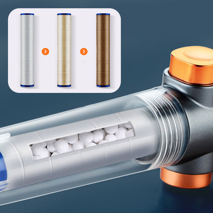 "Dubbelsidigt duschhuvud i krom med justerbart tryck, trefaldiga vattenlägen och klorreduktion, optimal för badrum."