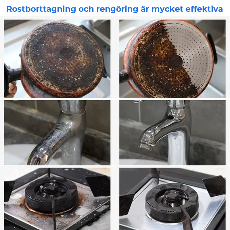 "Effektiv köksrostborttagare, citrusdoft, 250g, avlägsnar rost och fett, lämnar ytor rena och skyddar mot missfärgning."