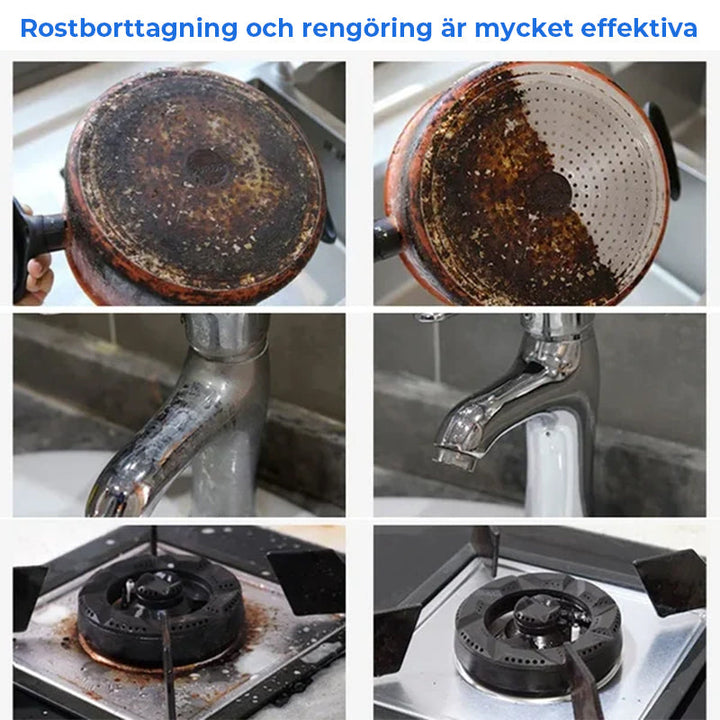 "Effektiv köksrostborttagare, citrusdoft, 250g, avlägsnar rost och fett, lämnar ytor rena och skyddar mot missfärgning."