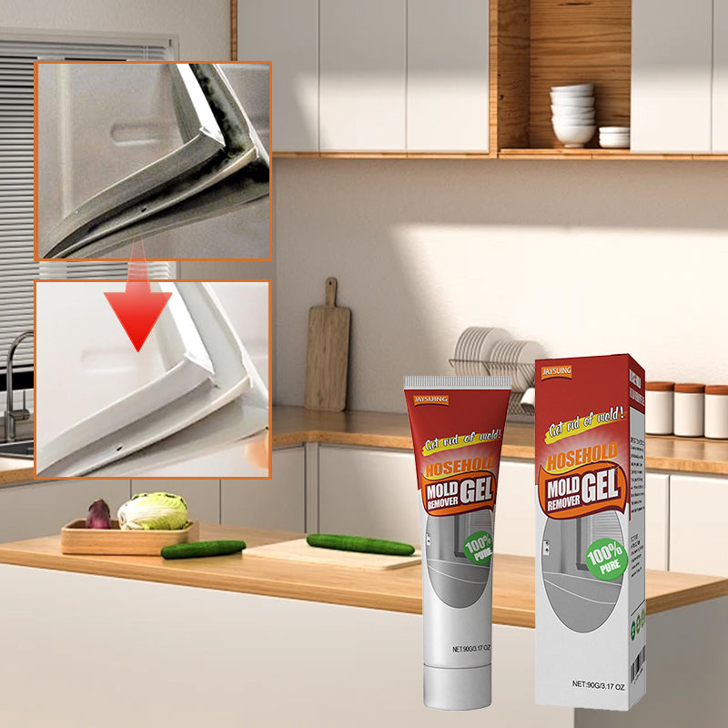 "Effektiv mögelborttagningsgel på vit bakgrund med tydlig vätskenivå, hjälper mot envisa mögelfläckar i hemmet."