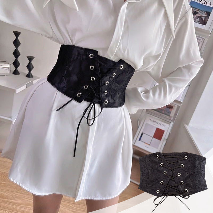 "Elastiskt brett midjebälte för kvinnor i spets, snörningsdesign, vintage charm, elegant och bekväm accessoar."