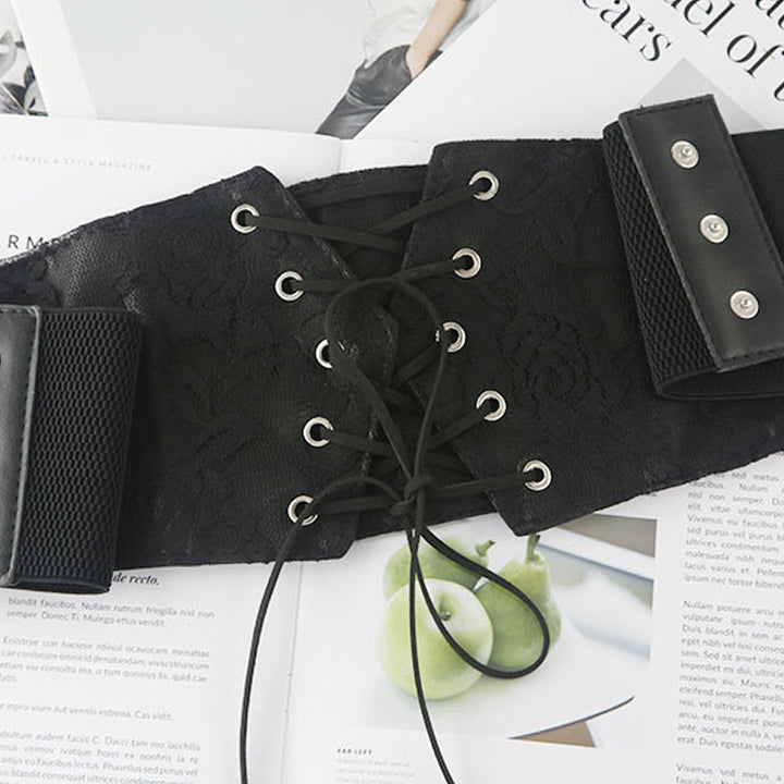 "Elastiskt brett midjebälte för kvinnor i spets, snörningsdesign, vintage charm, elegant och bekväm accessoar."