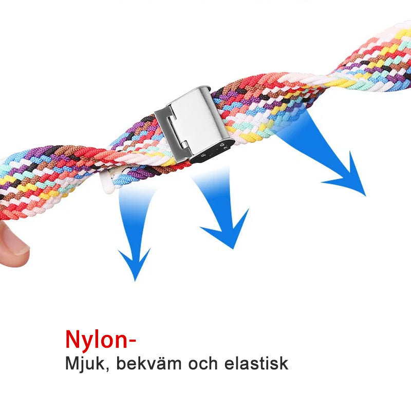 "Elastiskt flätat nylonband för klocka, flera färger, elegant och bekvämt, perfekt damtillbehör."
