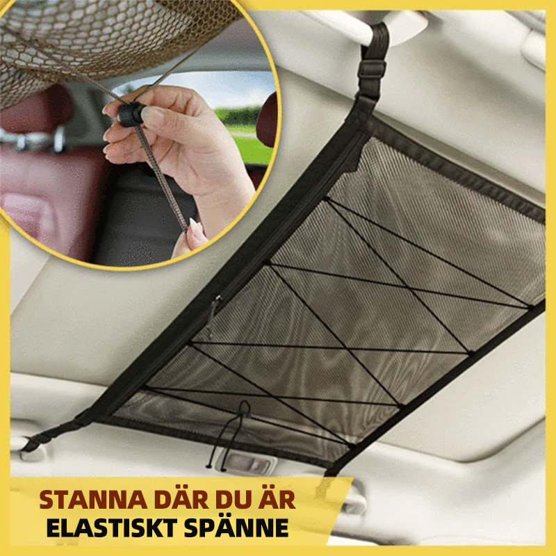 "Elastiskt förvaringsnät för bil, svart nylonstruktur, hållbar och flexibel för organisering av bilutrymme."