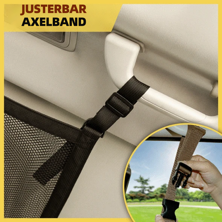 "Elastiskt förvaringsnät för bil, svart nylonstruktur, hållbar och flexibel för organisering av bilutrymme."