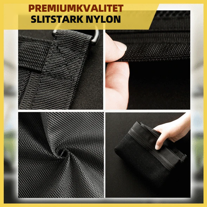 "Elastiskt förvaringsnät för bil, svart nylonstruktur, hållbar och flexibel för organisering av bilutrymme."