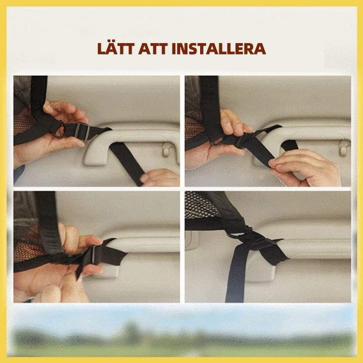 "Elastiskt förvaringsnät för bil, svart nylonstruktur, hållbar och flexibel för organisering av bilutrymme."