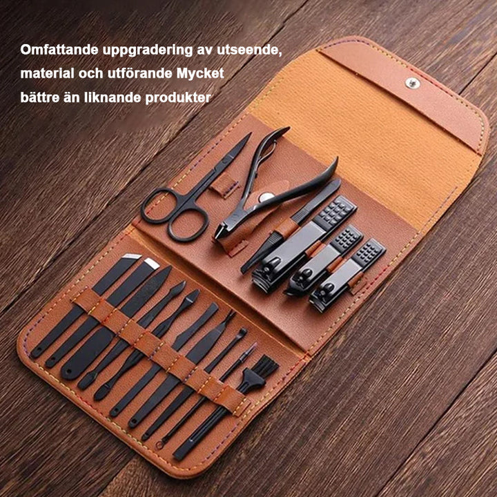 "Elegant 16-delars nagelkit i rostfritt stål, för personlig vård av naglar, ansikte och fötter, i stilren läderförpackning."