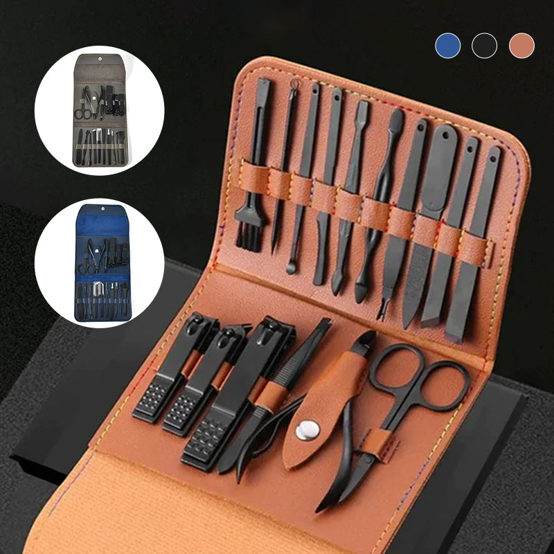"Elegant 16-delars nagelkit i rostfritt stål, för personlig vård av naglar, ansikte och fötter, i stilren läderförpackning."