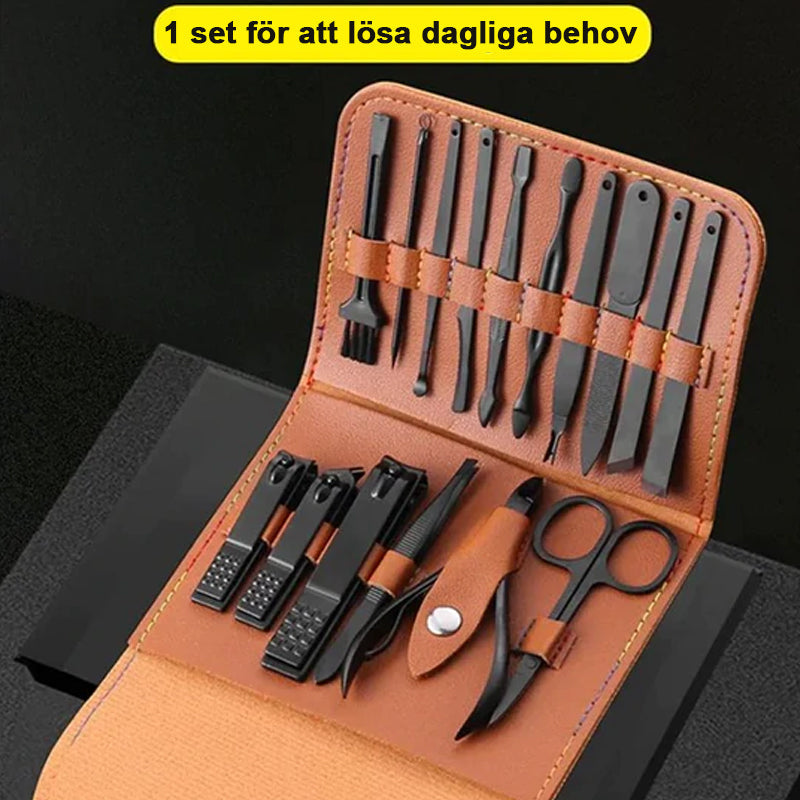 "Elegant 16-delars nagelkit i rostfritt stål, för personlig vård av naglar, ansikte och fötter, i stilren läderförpackning."