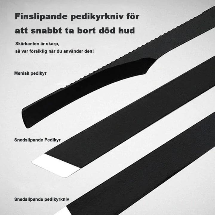 "Elegant 16-delars nagelkit i rostfritt stål, för personlig vård av naglar, ansikte och fötter, i stilren läderförpackning."
