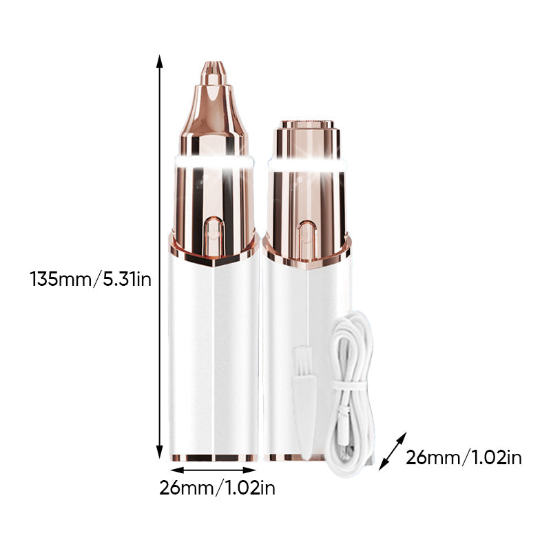 "Elegant 2-i-1 elektrisk ögonbrynstrimmer för kvinnor, läppstiftsdesign, i champagne gold och pearl white."