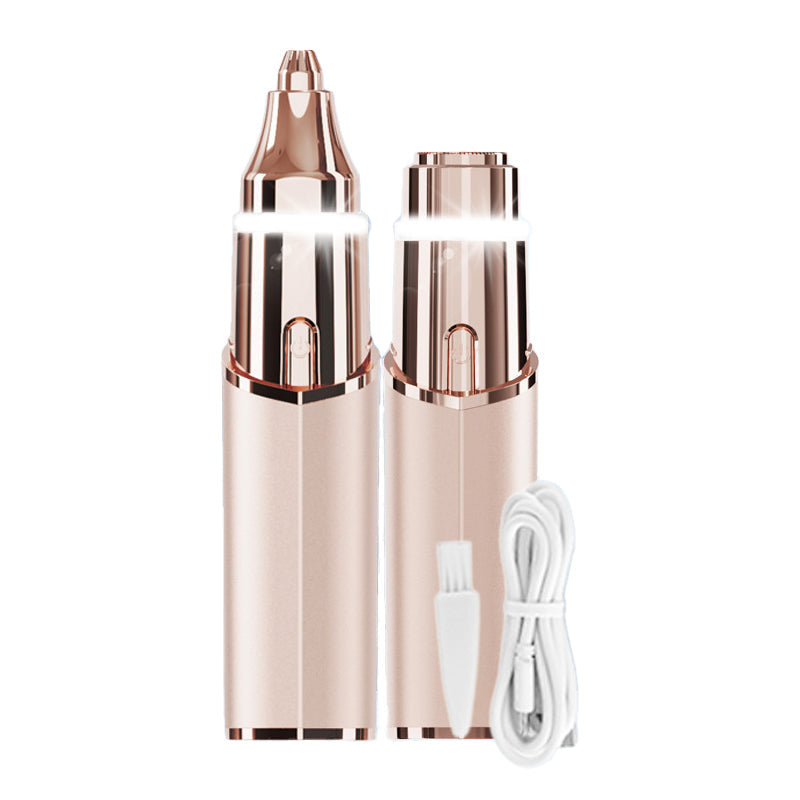 "Elegant 2-i-1 elektrisk ögonbrynstrimmer för kvinnor, läppstiftsdesign, i champagne gold och pearl white."