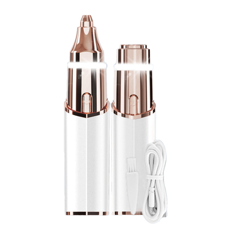 "Elegant 2-i-1 elektrisk ögonbrynstrimmer för kvinnor, läppstiftsdesign, i champagne gold och pearl white."