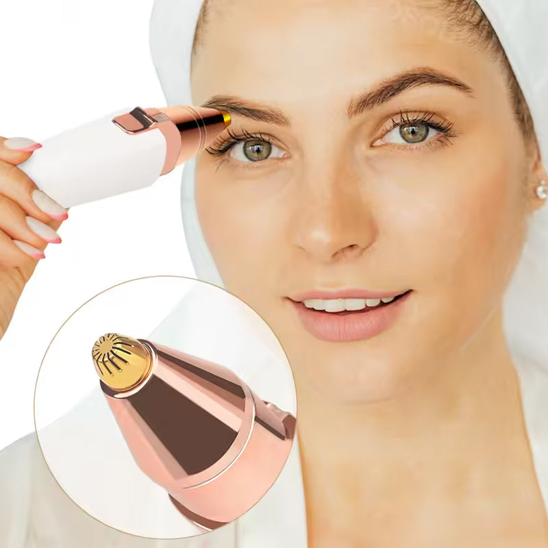 "Elegant 2-i-1 elektrisk ögonbrynstrimmer för kvinnor, läppstiftsdesign, i champagne gold och pearl white."