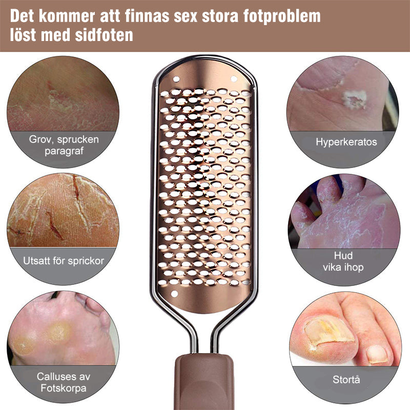 "Elegant fotfil i rostfritt stål för silkeslena fötter, med vågig mönsteryta och ergonomiskt plastgrepp."