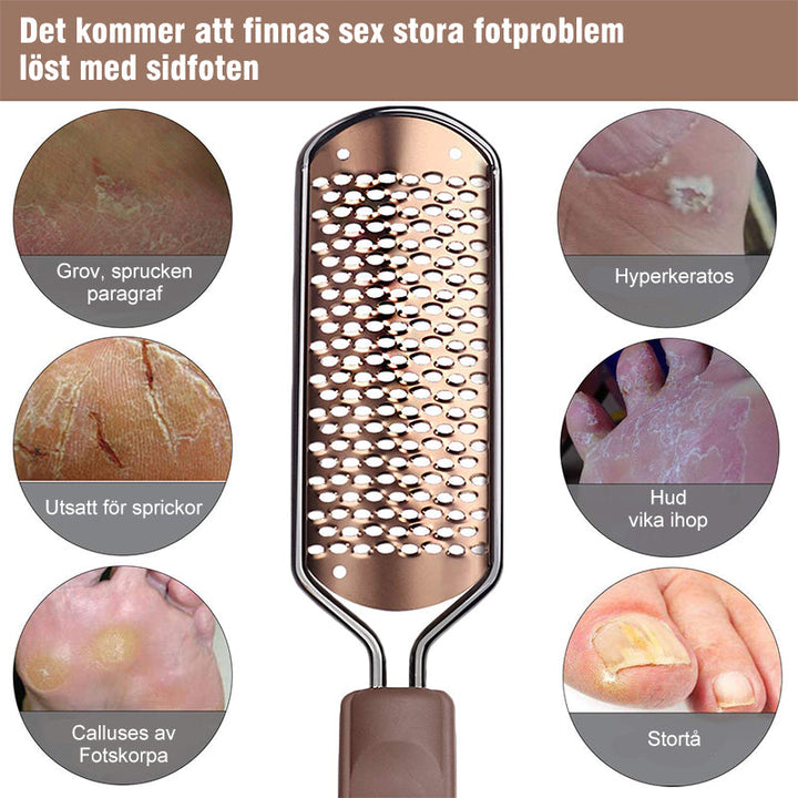"Elegant fotfil i rostfritt stål för silkeslena fötter, med vågig mönsteryta och ergonomiskt plastgrepp."