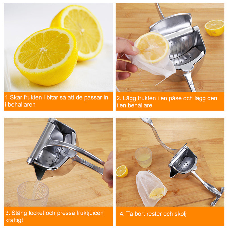 "Elegant fruktjuicepress i glänsande rostfritt stål med rymlig skål, idealisk för färskpressad juice i köket."