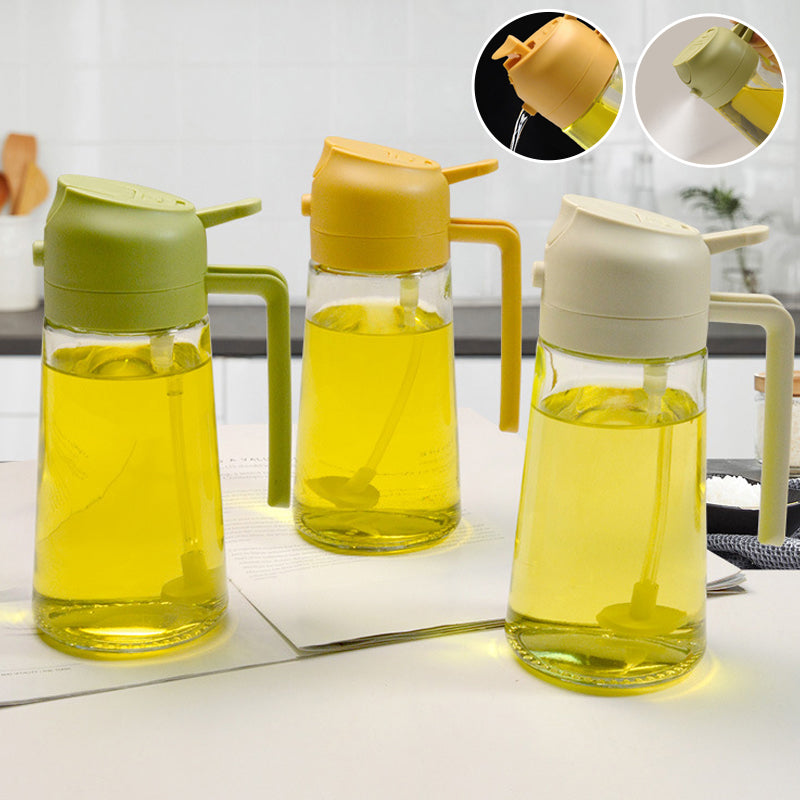 Elegant glasoljespray och dispenser för köket, 2-i-1 design med beige och rostfritt stål, 470 ml kapacitet.