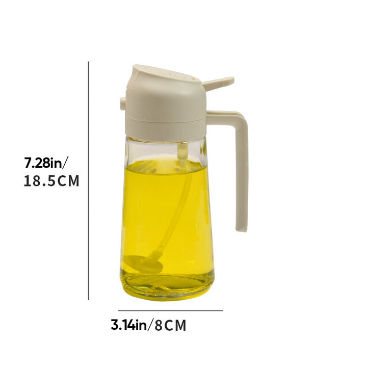 Elegant glasoljespray och dispenser för köket, 2-i-1 design med beige och rostfritt stål, 470 ml kapacitet.
