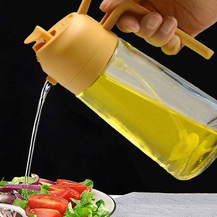 Elegant glasoljespray och dispenser för köket, 2-i-1 design med beige och rostfritt stål, 470 ml kapacitet.