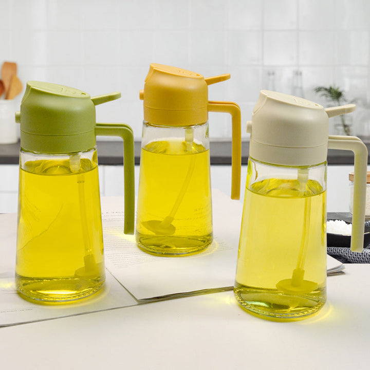 Elegant glasoljespray och dispenser för köket, 2-i-1 design med beige och rostfritt stål, 470 ml kapacitet.