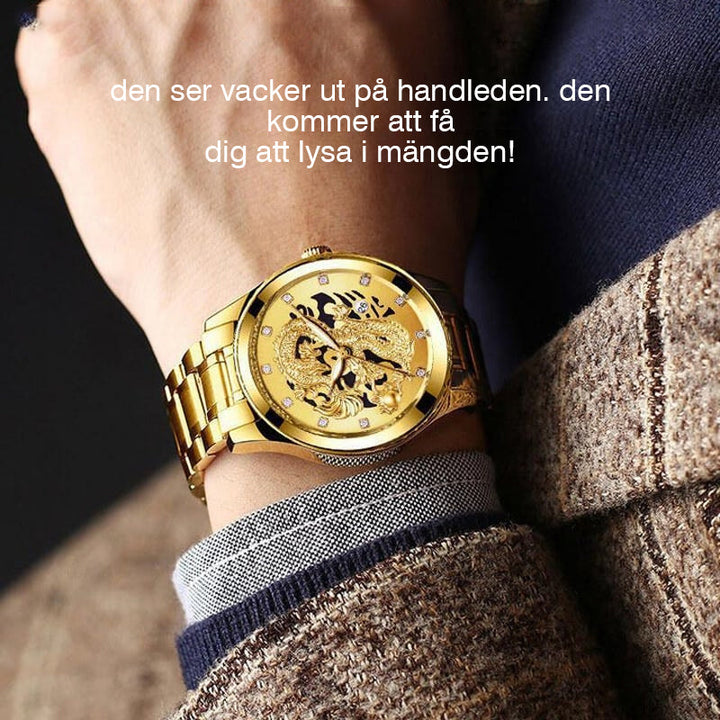 "Elegant guldig herrklocka med kristallskiva, guldpläterad med rostfri stållänk och unik urtavla design."