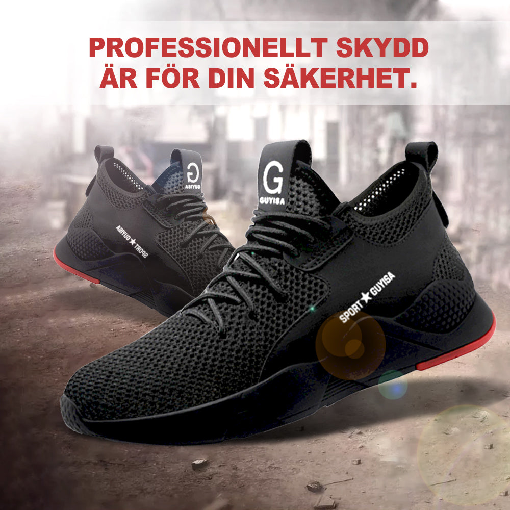 "Elegant herrskyddssko i svart och andningsbar mesh, halkfri sula och kevlar mellansula för säkerhet och komfort."