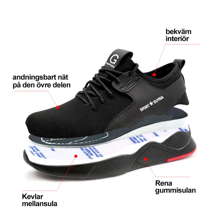 "Elegant herrskyddssko i svart och andningsbar mesh, halkfri sula och kevlar mellansula för säkerhet och komfort."