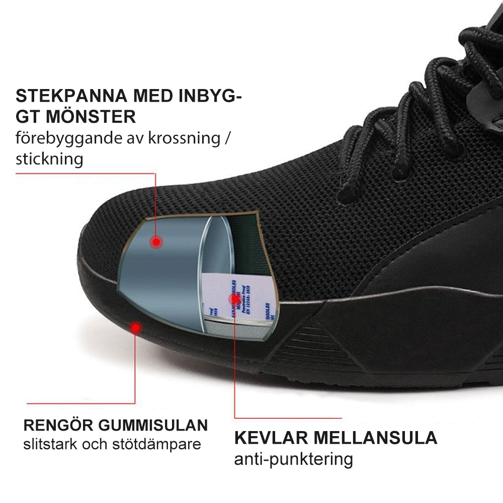 "Elegant herrskyddssko i svart och andningsbar mesh, halkfri sula och kevlar mellansula för säkerhet och komfort."