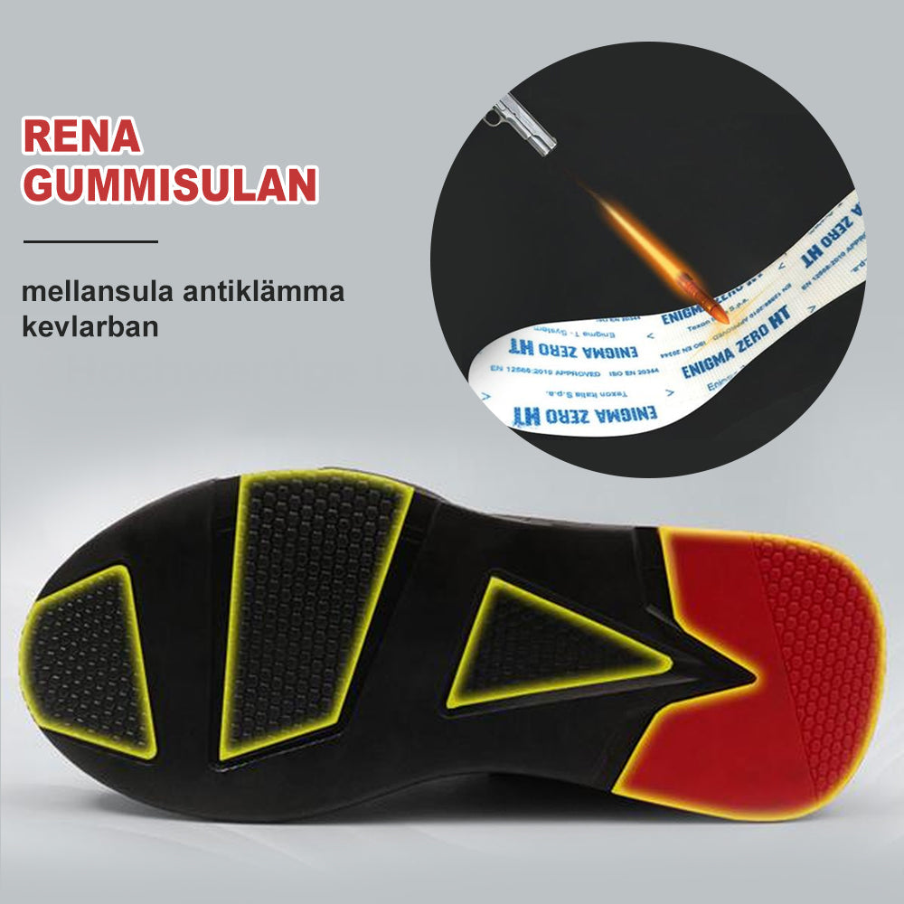 "Elegant herrskyddssko i svart och andningsbar mesh, halkfri sula och kevlar mellansula för säkerhet och komfort."
