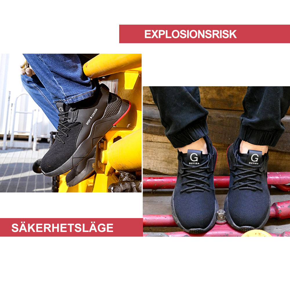 "Elegant herrskyddssko i svart och andningsbar mesh, halkfri sula och kevlar mellansula för säkerhet och komfort."