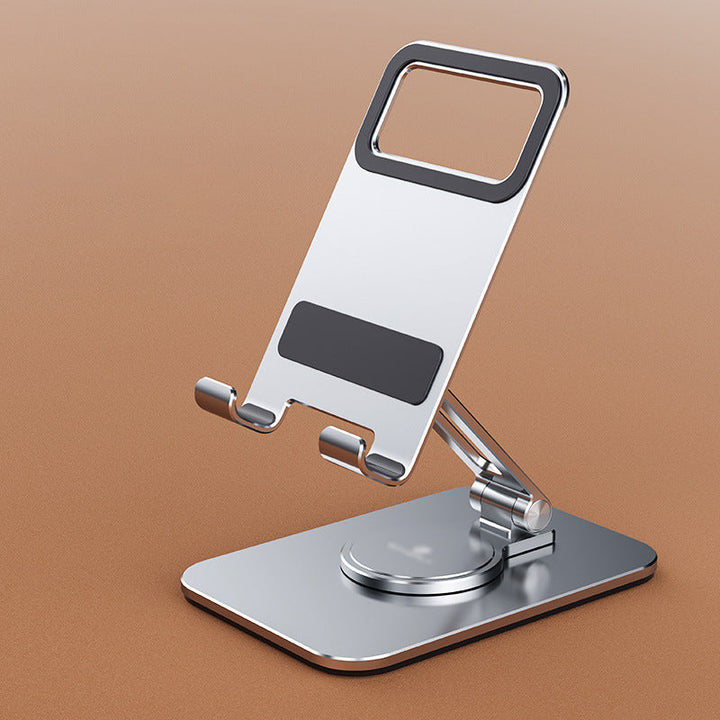 "Elegant, justerbar 360° tablett- och mobilhållare i aluminium med silikonskydd, perfekt för hem- och kontorsmiljöer."