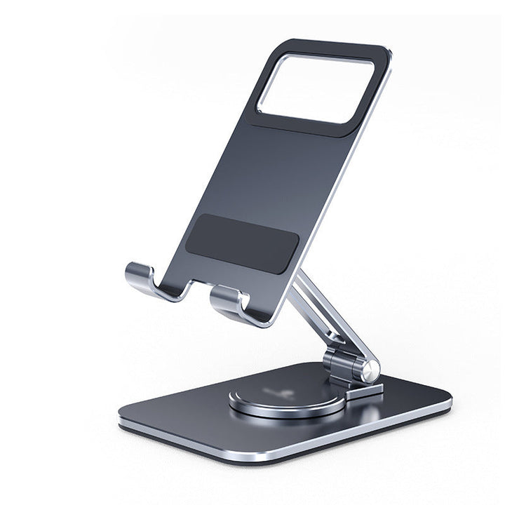 "Elegant, justerbar 360° tablett- och mobilhållare i aluminium med silikonskydd, perfekt för hem- och kontorsmiljöer."