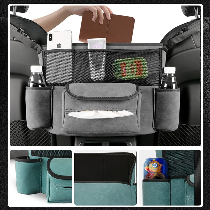 "Elegant läderbilförvaringsficka för säker körning, optimal för handväska och föremål, passar de flesta bilar."