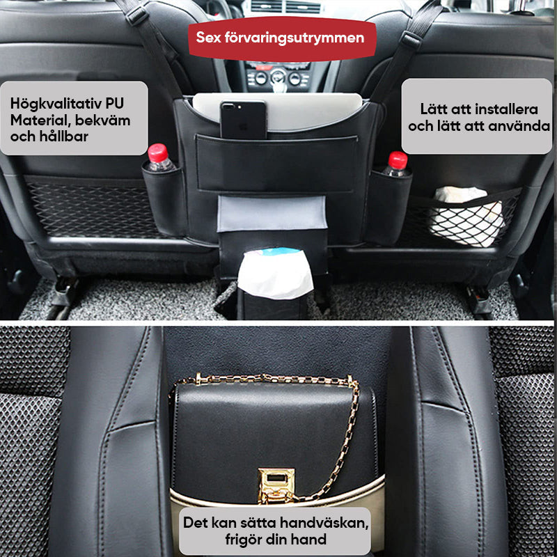 "Elegant läderbilförvaringsficka för säker körning, optimal för handväska och föremål, passar de flesta bilar."