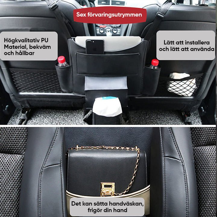 "Elegant läderbilförvaringsficka för säker körning, optimal för handväska och föremål, passar de flesta bilar."