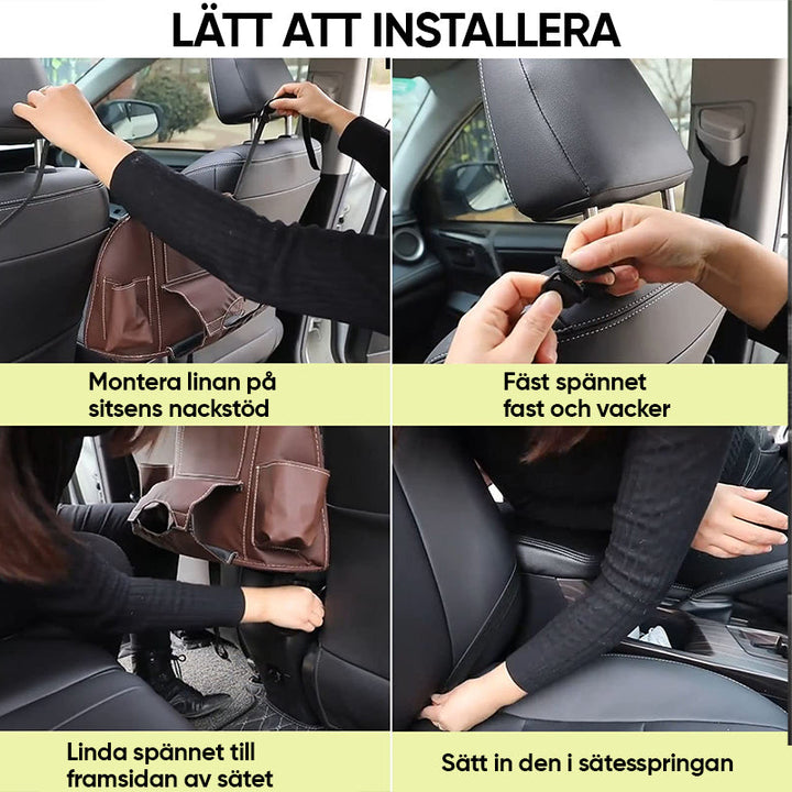 "Elegant läderbilförvaringsficka för säker körning, optimal för handväska och föremål, passar de flesta bilar."