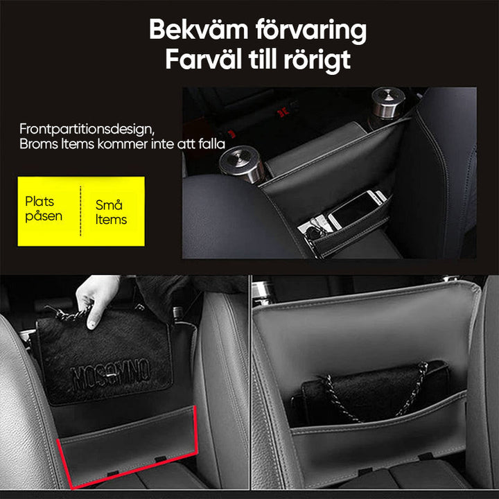 "Elegant läderbilförvaringsficka för säker körning, optimal för handväska och föremål, passar de flesta bilar."