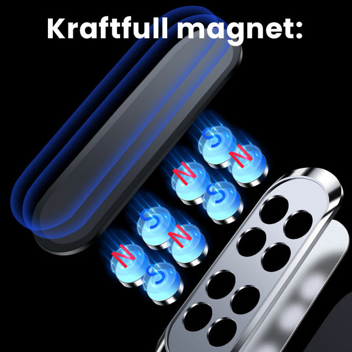 "Elegant och minimalistisk ultramagnetisk mobilhållare, svart finish, flexibel montering i bil eller hem för smartphones."