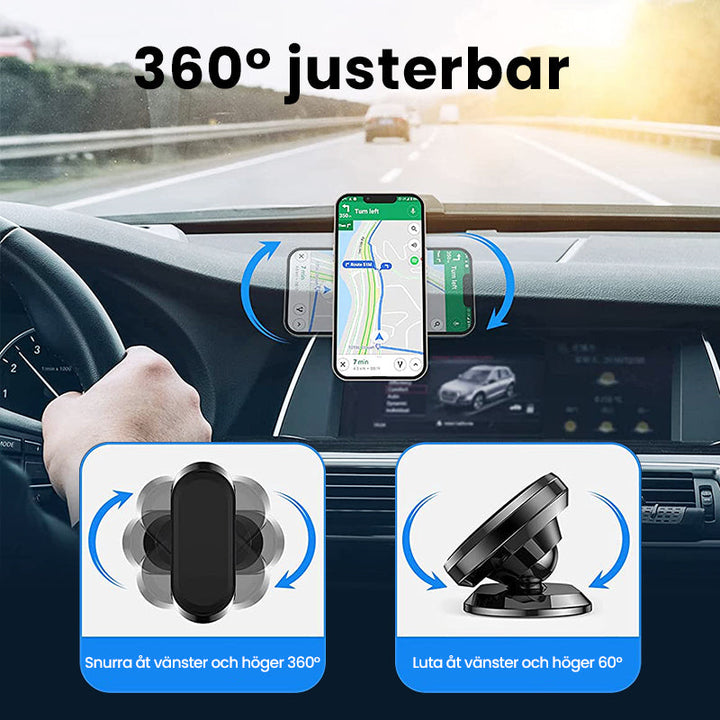"Elegant och minimalistisk ultramagnetisk mobilhållare, svart finish, flexibel montering i bil eller hem för smartphones."