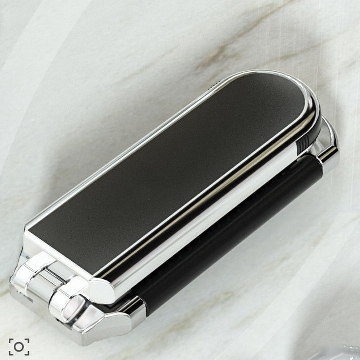 "Elegant resevänlig silver spegelhårborste, unisex design, kompakt och hopfällbar med spegel för enkel stiljustering."