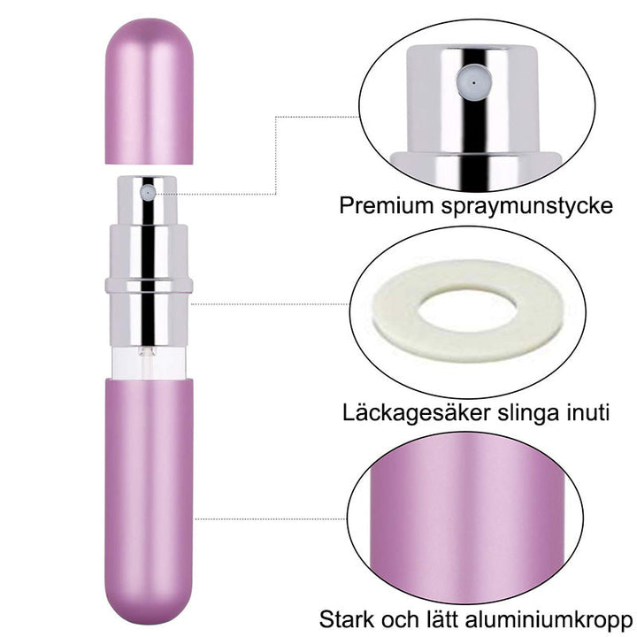 "Elegant silverfärgad aluminium parfymflaska, kompakt, påfyllningsbar, läckagesäker, perfekt för resa och handväska."
