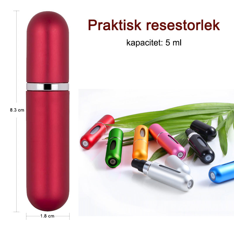 "Elegant silverfärgad aluminium parfymflaska, kompakt, påfyllningsbar, läckagesäker, perfekt för resa och handväska."