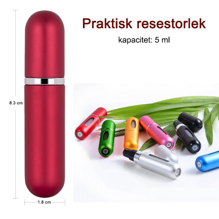 "Elegant silverfärgad aluminium parfymflaska, kompakt, påfyllningsbar, läckagesäker, perfekt för resa och handväska."