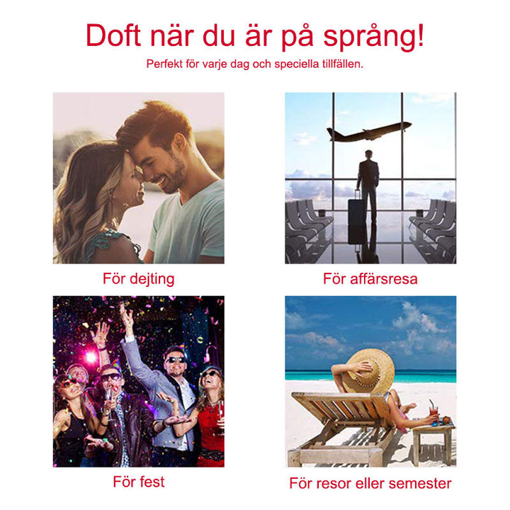 "Elegant silverfärgad aluminium parfymflaska, kompakt, påfyllningsbar, läckagesäker, perfekt för resa och handväska."