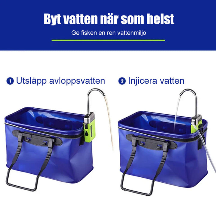 "Elegant syrepump för fiske med tyst drift, kompakt design, och betesljus för nattfiske. Perfekt för fisketurer."