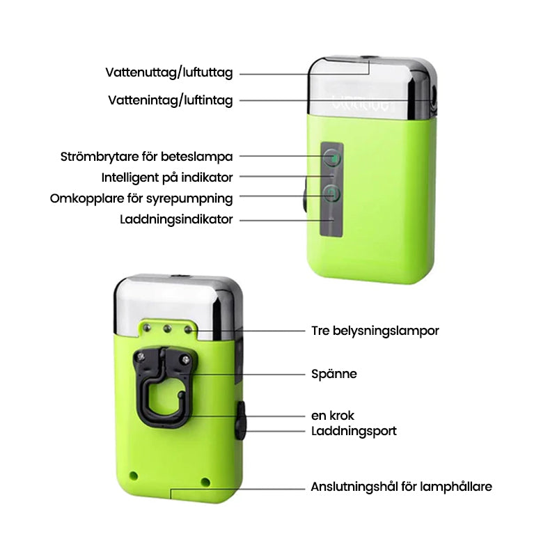 "Elegant syrepump för fiske med tyst drift, kompakt design, och betesljus för nattfiske. Perfekt för fisketurer."